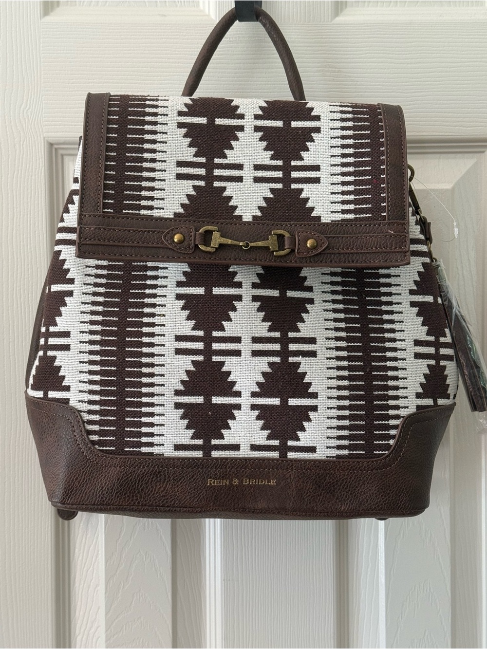 NWT Western Aztec Brown and White Geometric Backpack Tote Bag Backpack Southwest